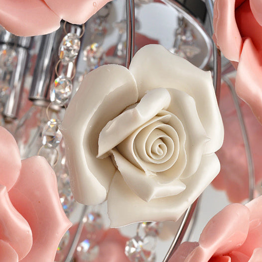 Moderne Minimaliste Rose Ronde Cristal Branche Cristal Fer 5/6 Lumière Plafonnier Pour Chambre 