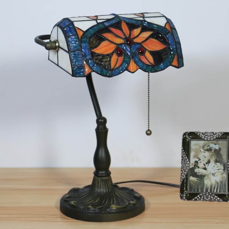 Tiffany Vintage Floral Peach Heart Stained Glass 1-Light Bank Table Lamp