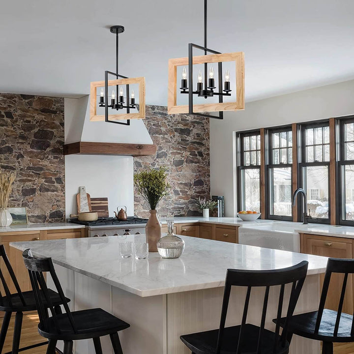 Contemporary Vintage Rectangular Wood Iron 4/6 Light Island Light Chandelier For Dining Room