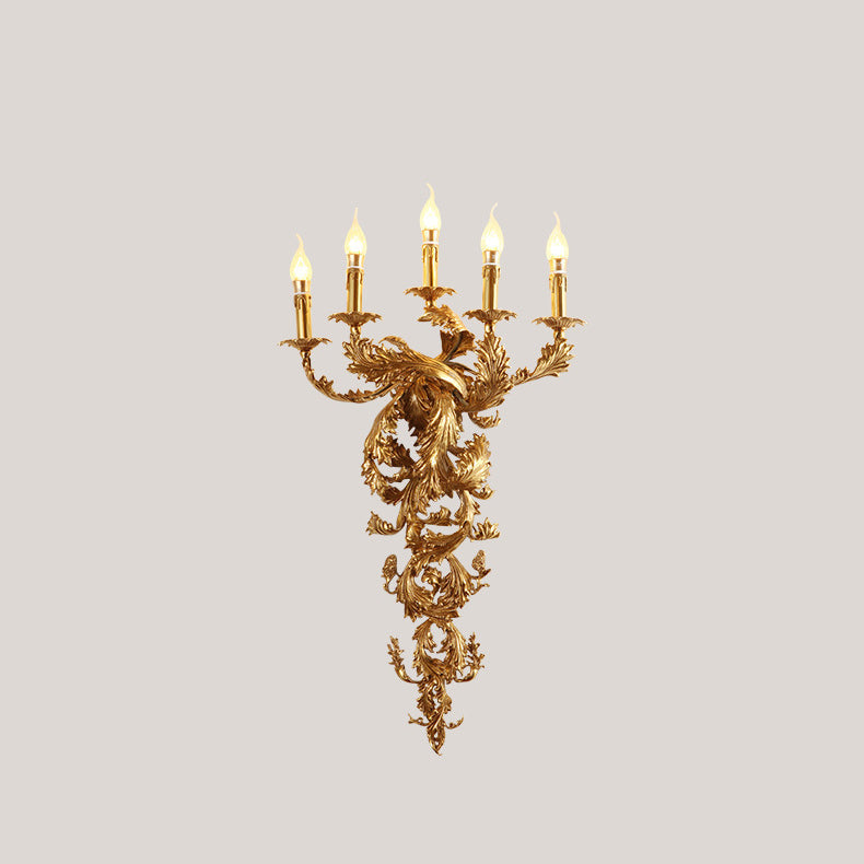 Traditionelle französische Vollkupfer geschnitzte Lampe Arm Palace Kandelaber 5-Licht Wandleuchte Lampe für Wohnzimmer 