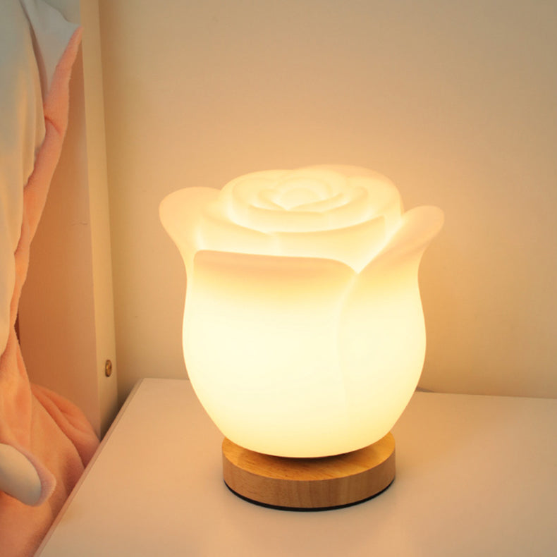 モダンシンプルフラワーポリエチレン木製LEDテーブルランプ（ベッドルーム用） 
