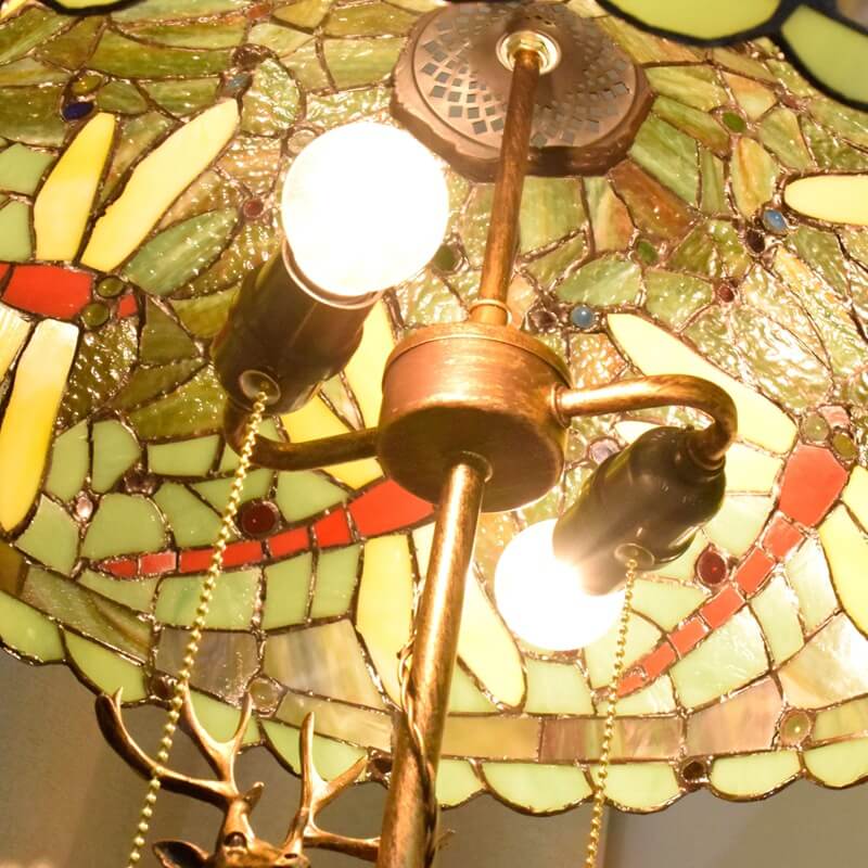Tiffany Vintage Elk Green Dragonfly Decorative Stained Glass 2-Light Table Lamp