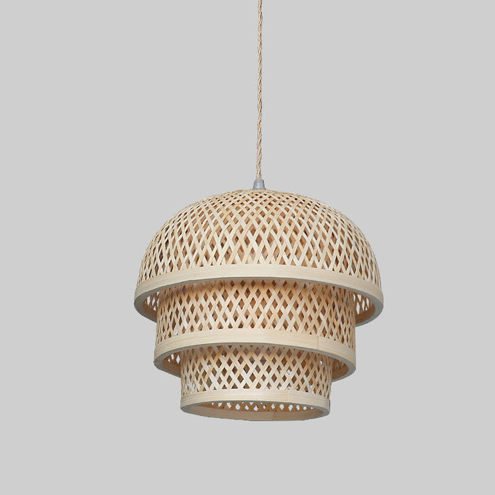 Traditional Chinese Round Bamboo Woven Cylinder 1-Light Pendant Light For Dining Room