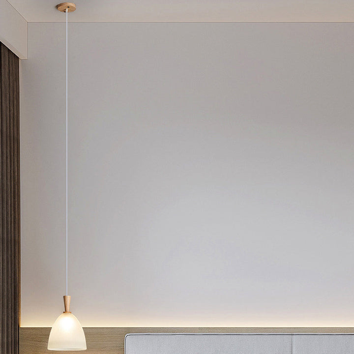 Suspension Luminaire Moderne Minimaliste Rond en Verre à Rayures en Dentelle avec Bois 1-Lumière pour Salon 