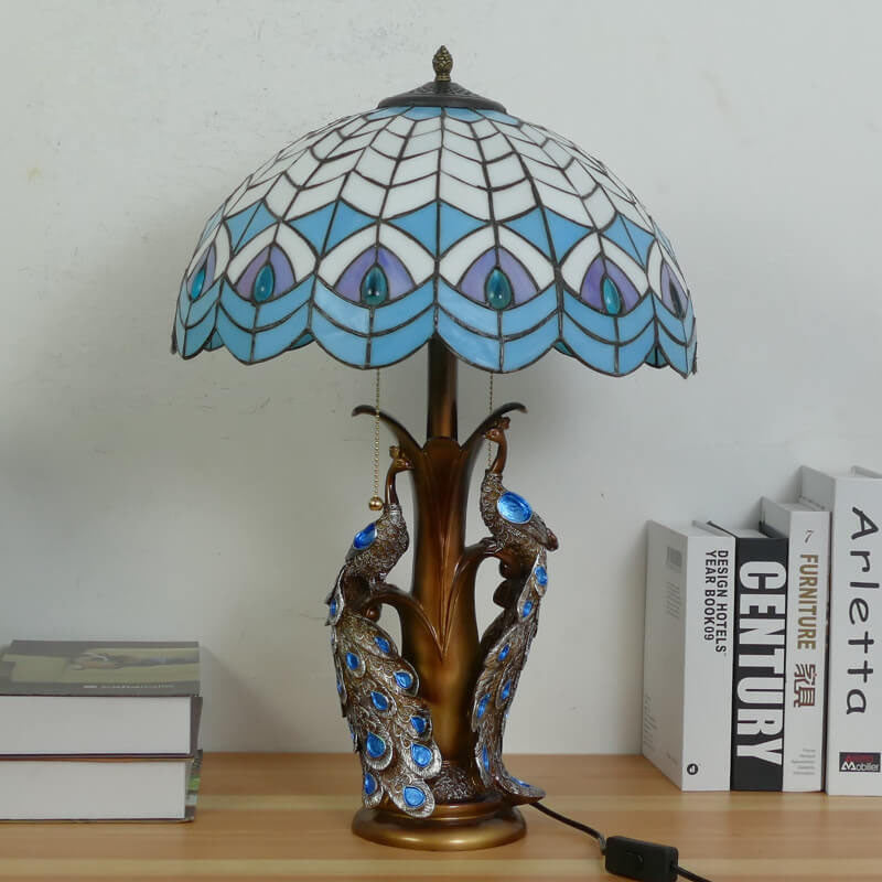 Vintage Tiffany Stained Glass Dome Peacock Base 2-Light Table Lamp