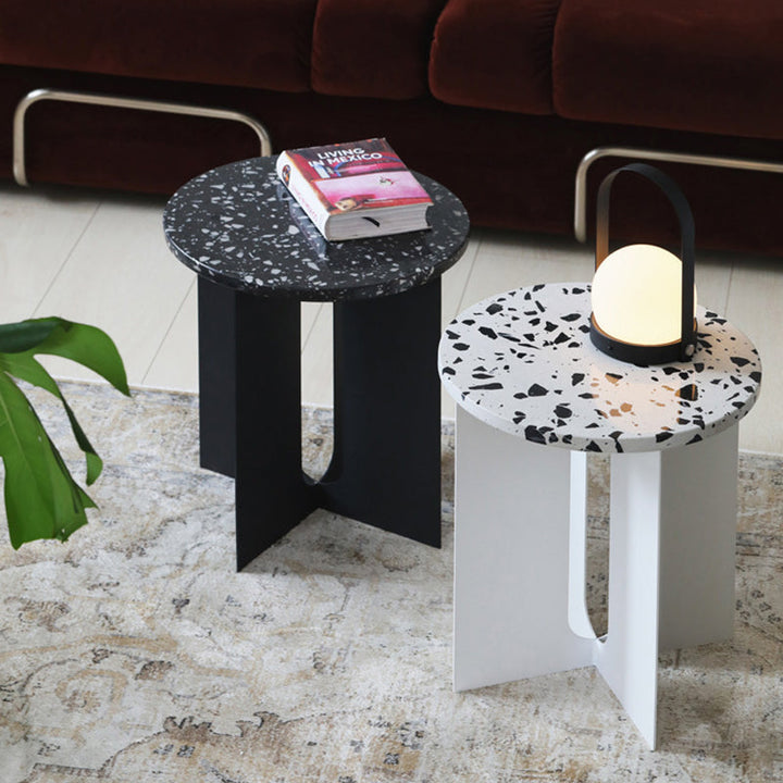 Modern Luxury Round Table Top Terrazzo Iron Carbon Steel Coffee Table 3-Leg For Living Room