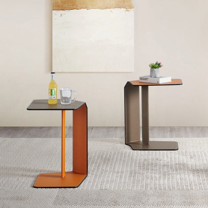 Modern Simplicity Irregular Shape Faux Saddle Leather Carbon Steel Side Table Embedded For Living Room