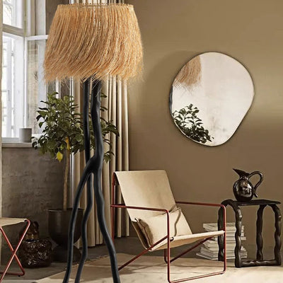 Lampe de sol 1 lumière avec base en résine de branche et abat-jour rond en tissage de bambou rustique traditionnel pour salles de divertissement 