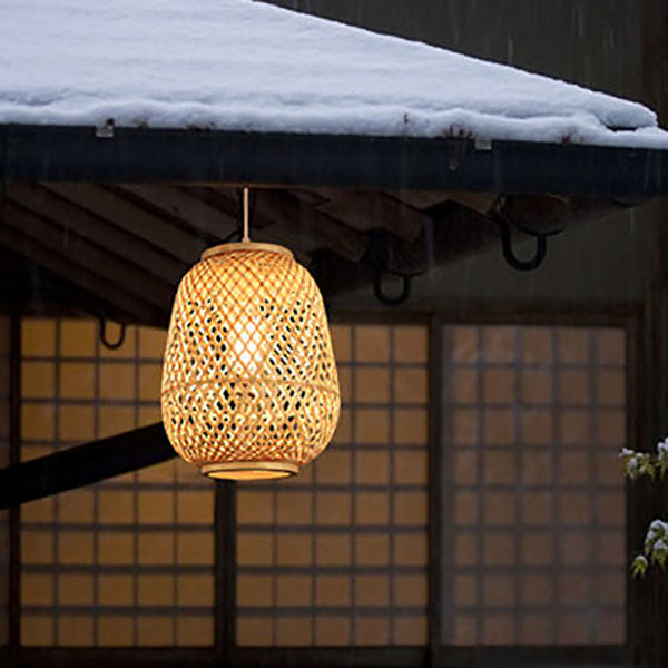 Suspension Luminaire 1 Lumière en Forme de Cage Ovale en Bambou Contemporain pour Salle à Manger 