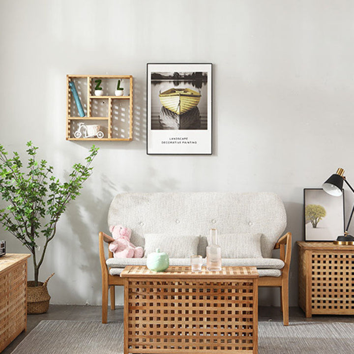 Traditioneller japanischer kubischer quadratischer rechteckiger Holz-Metall-Couchtisch mit 1 Ablage für das Wohnzimmer 