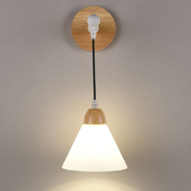 Modern Minimalist Frosted Cone Rubberwood Iron Glass Log Wood 1-Light Wall Sconce Lamp for Living Room