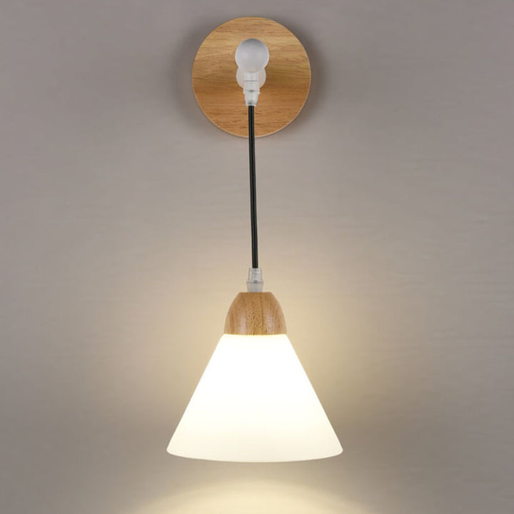 Modern Minimalist Frosted Cone Rubberwood Iron Glass Log Wood 1-Light Wall Sconce Lamp for Living Room
