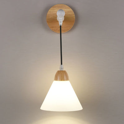 Japanese Simple Frosted Cone Glass Log Wood 1-Light Wall Sconce Lamp