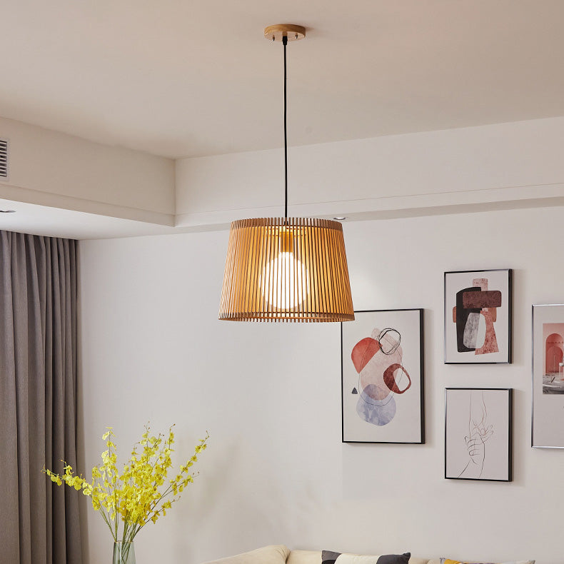 Traditional Japanese Wood Acrylic Cylinder Bucket 1-Light Pendant Light For Dining Room