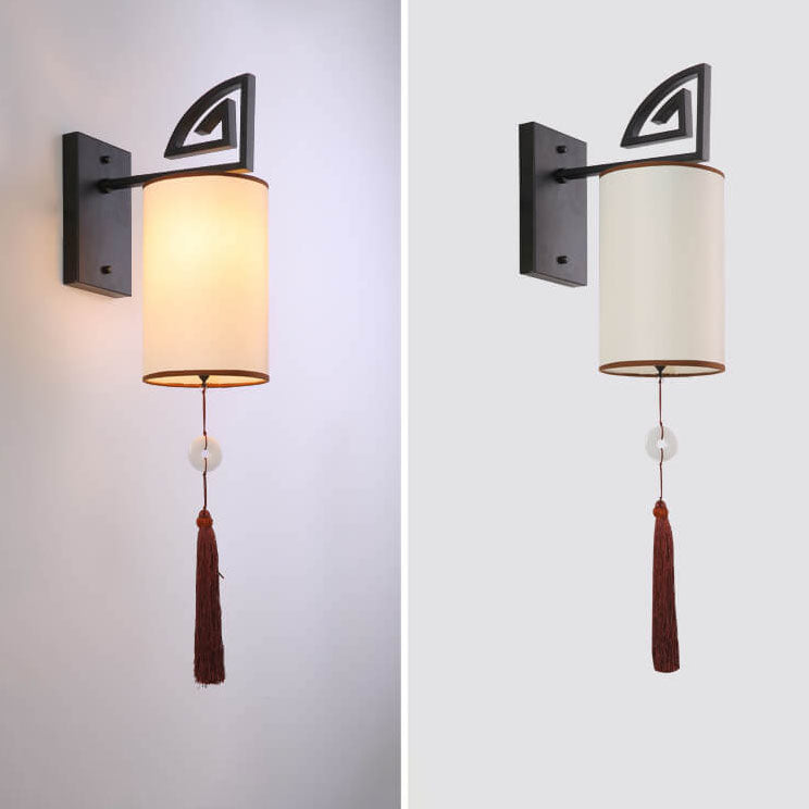 Vintage Chinese Style Canvas Cylindrical Lampshade Iron 1-Light Wall Sconce Lamp