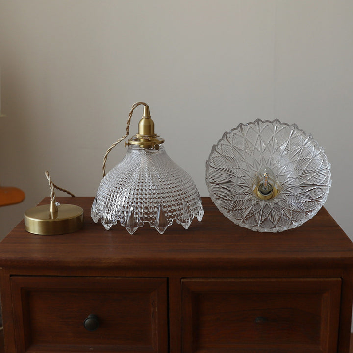 Traditionelle japanische runde Blumen-Pendelleuchte aus Glas, Messing und Eisen, 1 Licht, für Wohnzimmer 