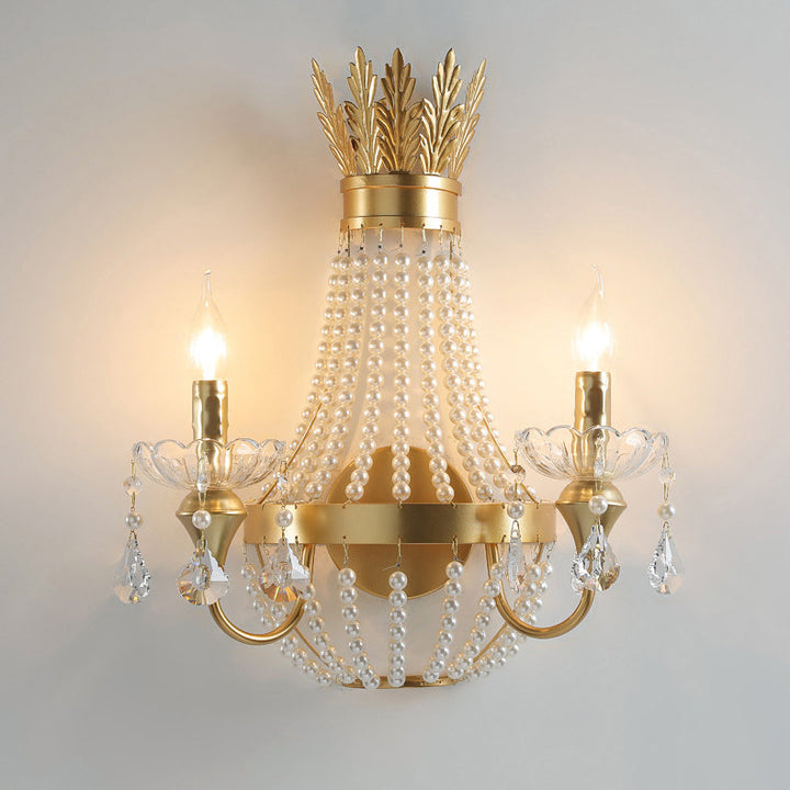 Lámpara de Aplique de Pared de 2 Luces de Cristal de Perlas y Hierro con Flecos en Media Luna de Lujo Moderno para Dormitorio 