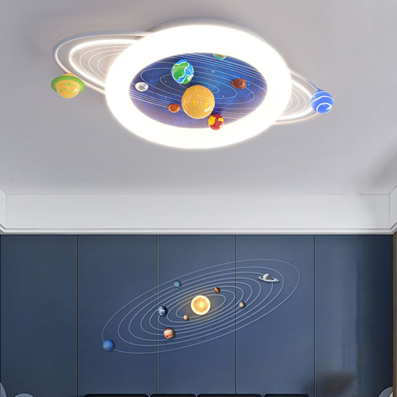 ضوء سقف LED مثبت بشكل مسطح لغرفة النوم بتصميم حديث بسيط للأطفال مع كوكب دائري مصنوع من الحديد والراتنج والأكريليك 