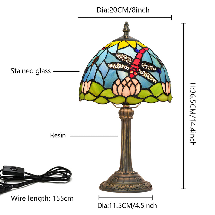 Lampe de table à 1 lumière en résine de verre Tiffany traditionnelle avec dôme et libellule lotus pour étude 