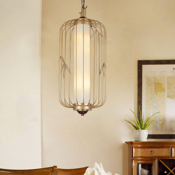 Chinese Vintage Iron Birdcage Fabric Shade 2-Light Pendant Light
