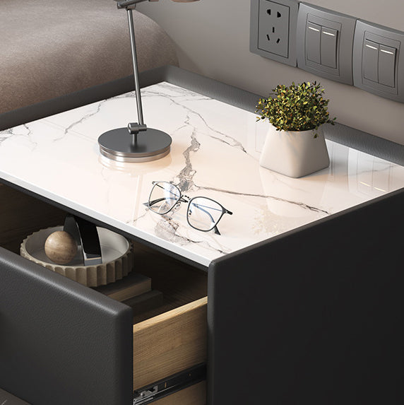Table de nuit moderne en bois massif à dessus en pierre frittée cubique à 2 tiroirs pour chambre à coucher 