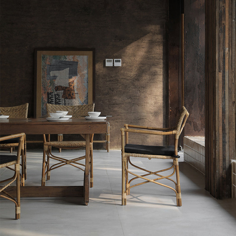 Fauteuil de salle à manger carré en rotin tissé de ferme traditionnel avec dossier et accoudoirs pour salon 