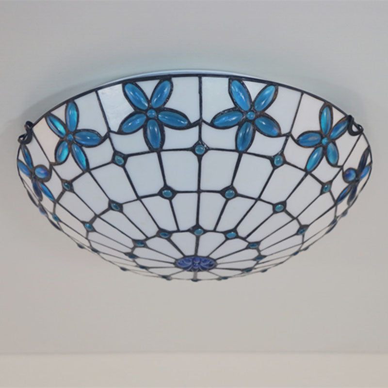 Traditional Tiffany Mediterranean Round Stained Glass 3-Light Flush Mount Ceiling Light For Living Room