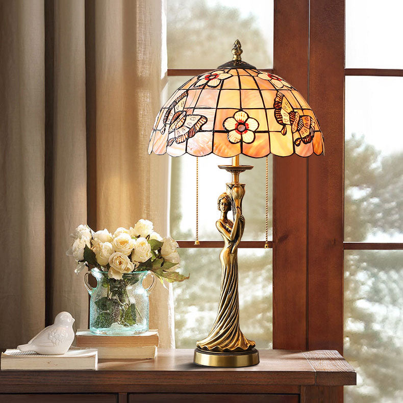 Tiffany Kupfer Göttin Statue Basis Muschel Dekoration 2-Licht Tischlampe 