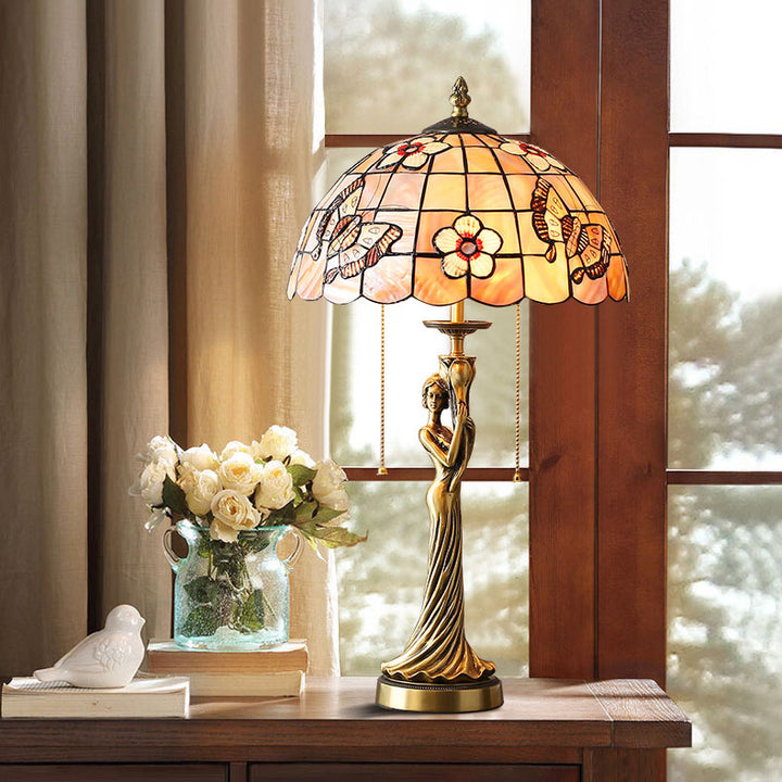 Tiffany Kupfer Göttin Statue Basis Muschel Dekoration 2-Licht Tischlampe 
