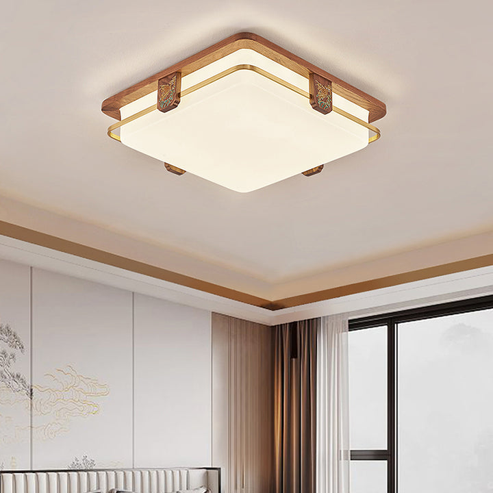 Luz de techo LED empotrada de acrílico, cobre, nogal chino tradicional, redonda, cuadrada, rectangular para sala de estar 