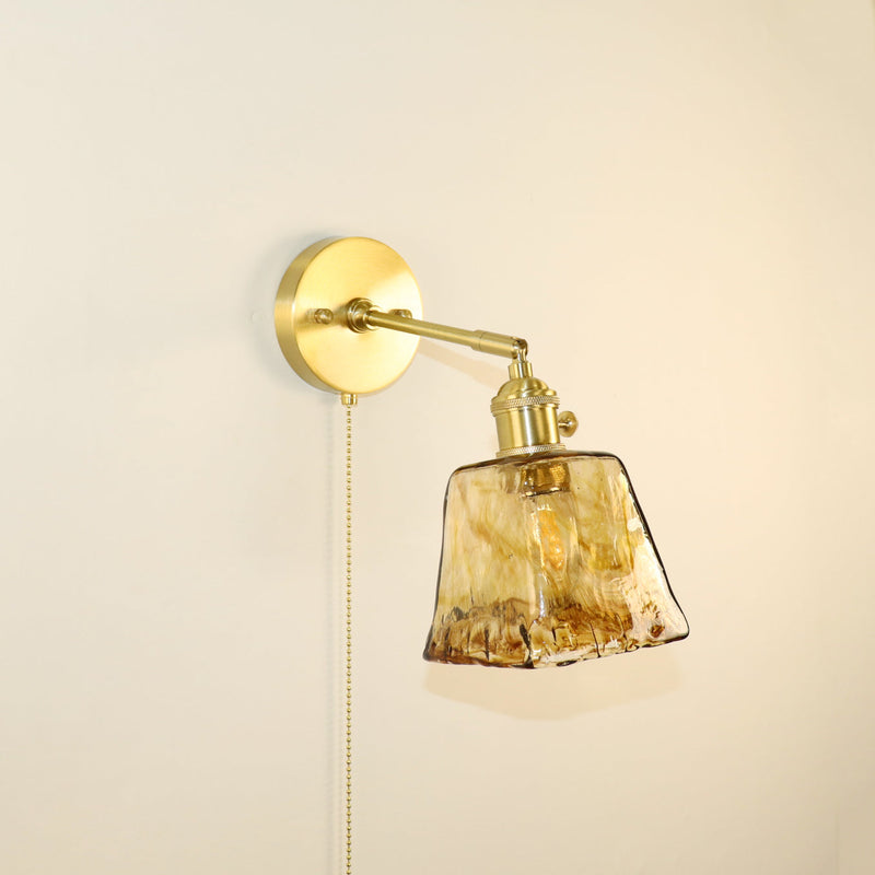 Traditionelle Vintage Messing Bernstein Quadrat Glas Schatten 1-Licht Wand Leuchte Lampe für Wohnzimmer 