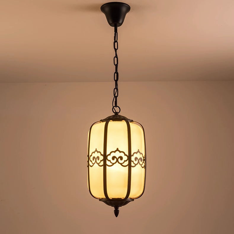 Pantalla de Linterna de Mármol de Imitación Chino Tradicional de Aluminio 1-Luz Impermeable Lámpara Colgante para Patio Exterior 