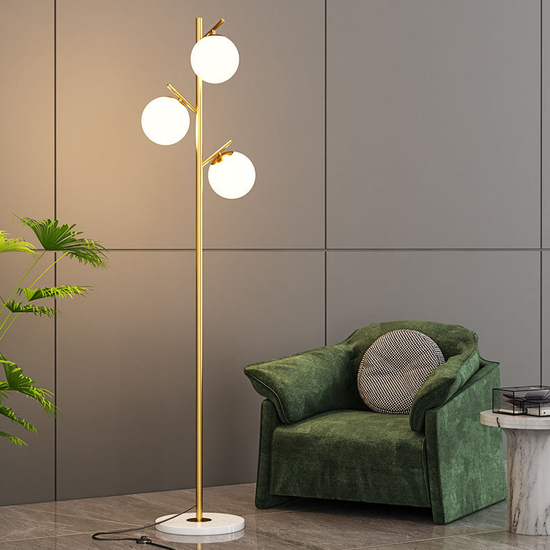 Contemporary Scandinavian Orb Pillar Metal Marble Glass 3-Light Standing Floor Lamp For Living Room