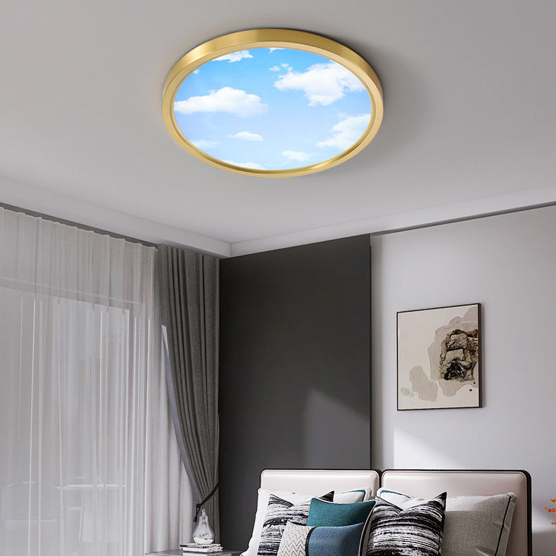 Lumière de plafond LED encastrée avec abat-jour rond en acrylique, design ciel bleu nuage cuivre plein, pour salon 