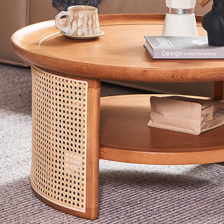 Traditioneller runder Couchtisch im japanischen Stil aus Eschenholz, Rattan und Sperrholz mit 2 Ebenen für das Wohnzimmer 