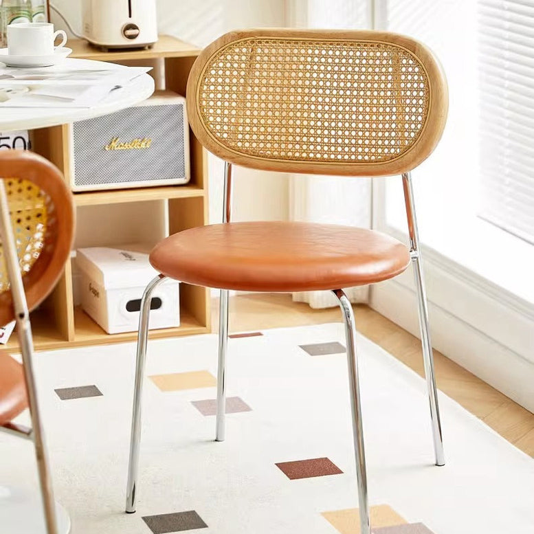 Contemporary Vintage Round Rectangular Rubberwood Plywood Iron Faux Leather PE Rattan Dining Chair Backrest For Dining Room