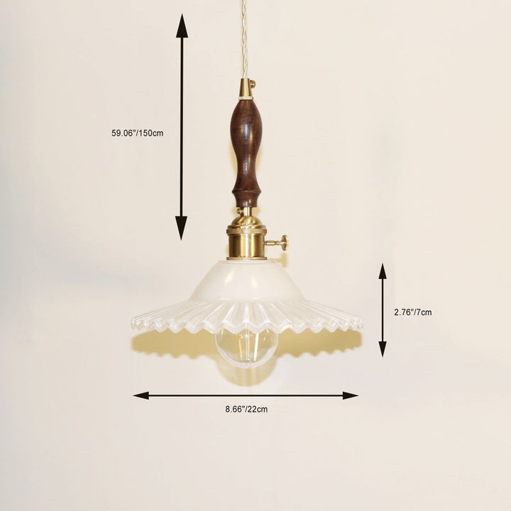 Abat-jour rond en verre plissé traditionnel japonais avec bois, suspension à 1 lumière pour salon 