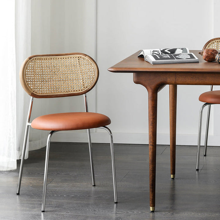 Contemporary Nordic Round PU Leather Faux Rattan Weaving Iron Chair Backrest For Living Room