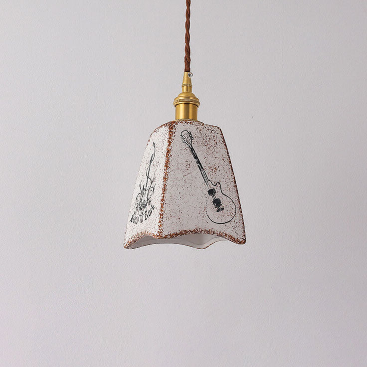 Vintage Japanese Square Cone Brass Ceramic 1-Light Pendant Light