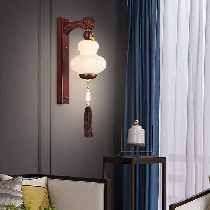 Moderne chinesische Eiche Element Kürbisform LED Wandleuchte 