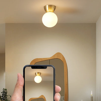 Contemporary Scandinavian Walnut Copper Glass Ball 1-Light Semi-Flush Mount Ceiling Light For Hallway