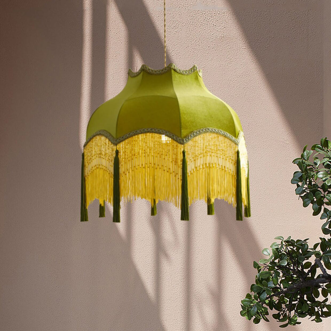 French Vintage Fabric Tassel Lampshade Brass 1-Light Pendant Light