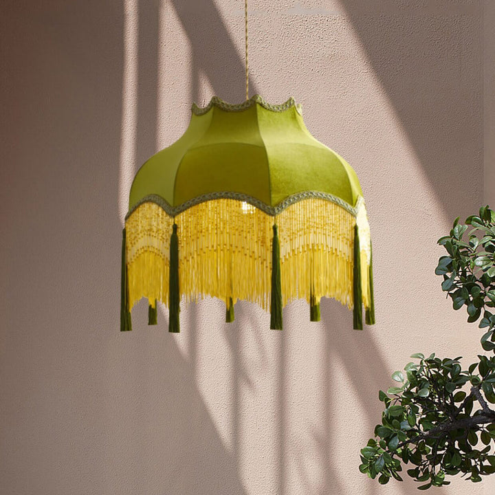 French Vintage Fabric Tassel Lampshade Brass 1-Light Pendant Light