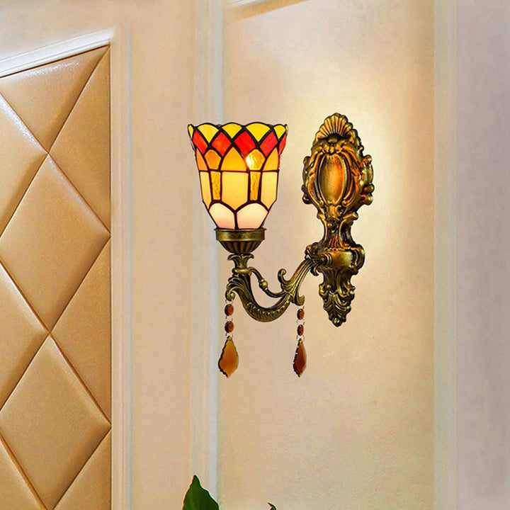 Traditionelle Tiffany Blume Eisen Kristall Glasmalerei 1-Licht Wandleuchte Lampe für Wohnzimmer 