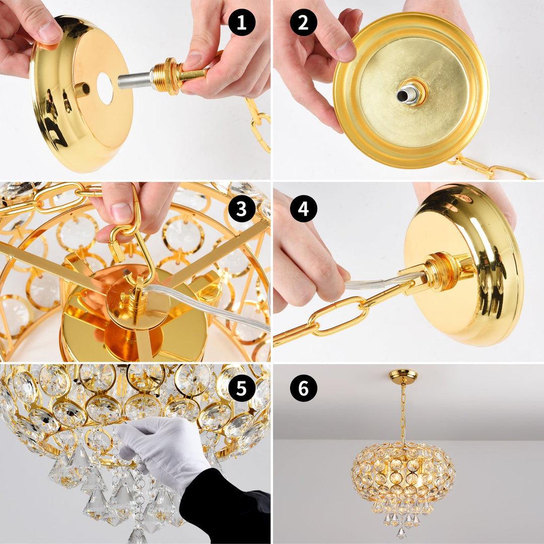 Lustre traditionnel de luxe rond en fer avec cristaux à 4 lumières pour salon 