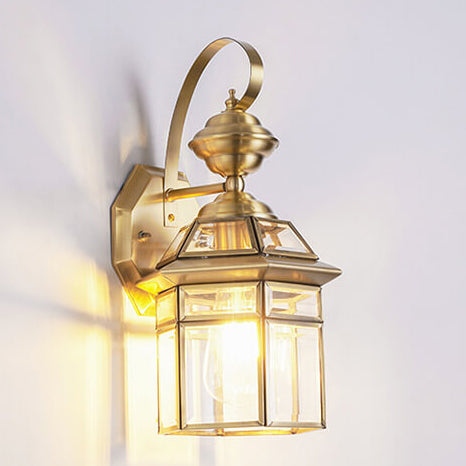 Traditional European Outdoor Hexagonal Cage Glass Copper 1-Light Waterproof Wall Sconce Lamp For Outdoor