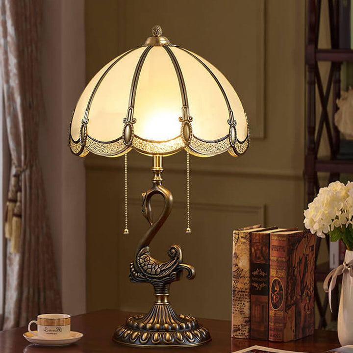 Traditional European Stained Glass Swan Base Copper 2-Light Table Lamp for Bedroom Home Office