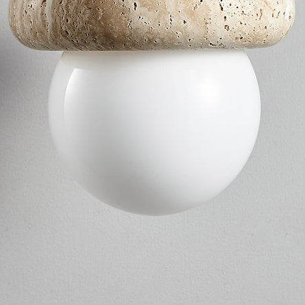 Traditional Japanese Wabi Sabi Solid Wood Travertine Round 1-Light Pendant Light For Living Room