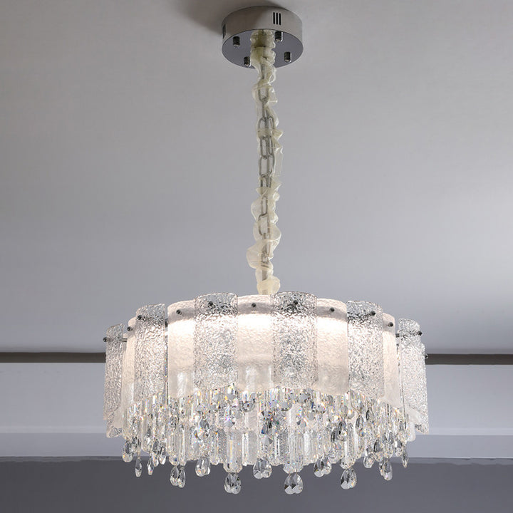Traditionelle französische runde Ripple-Metallkristallglas-LED-Kronleuchter für Wohnzimmer 