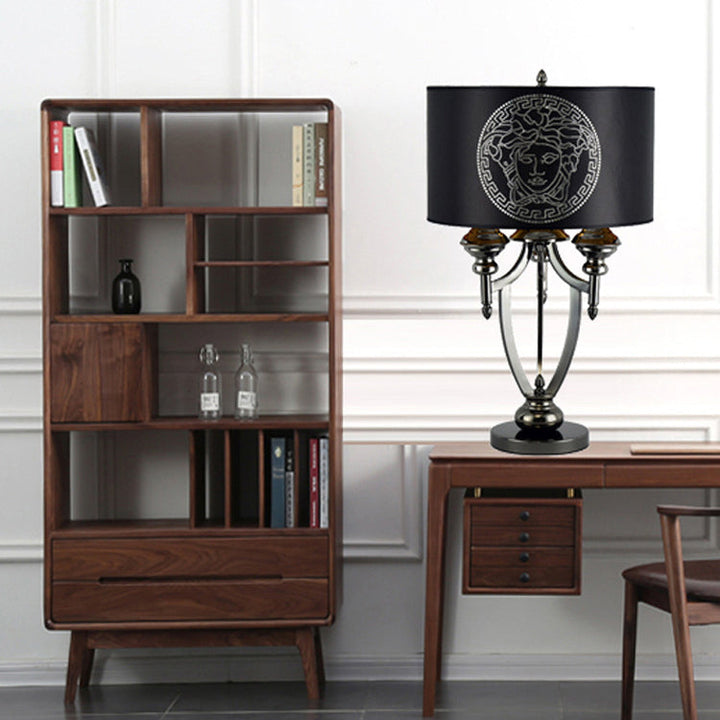 Lampe de table à 3 lumières en tissu rétro contemporain avec cylindre en marbre et fer pour étude 